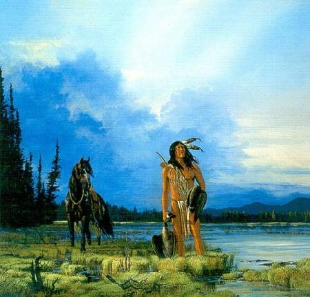 Indien et son cheval au bord du lac